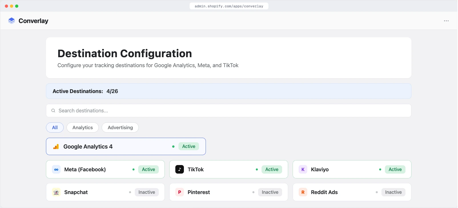 GA4, Meta, TikTok, and Klaviyo running side by side. No code, no tag manager, no duplicate pixels.