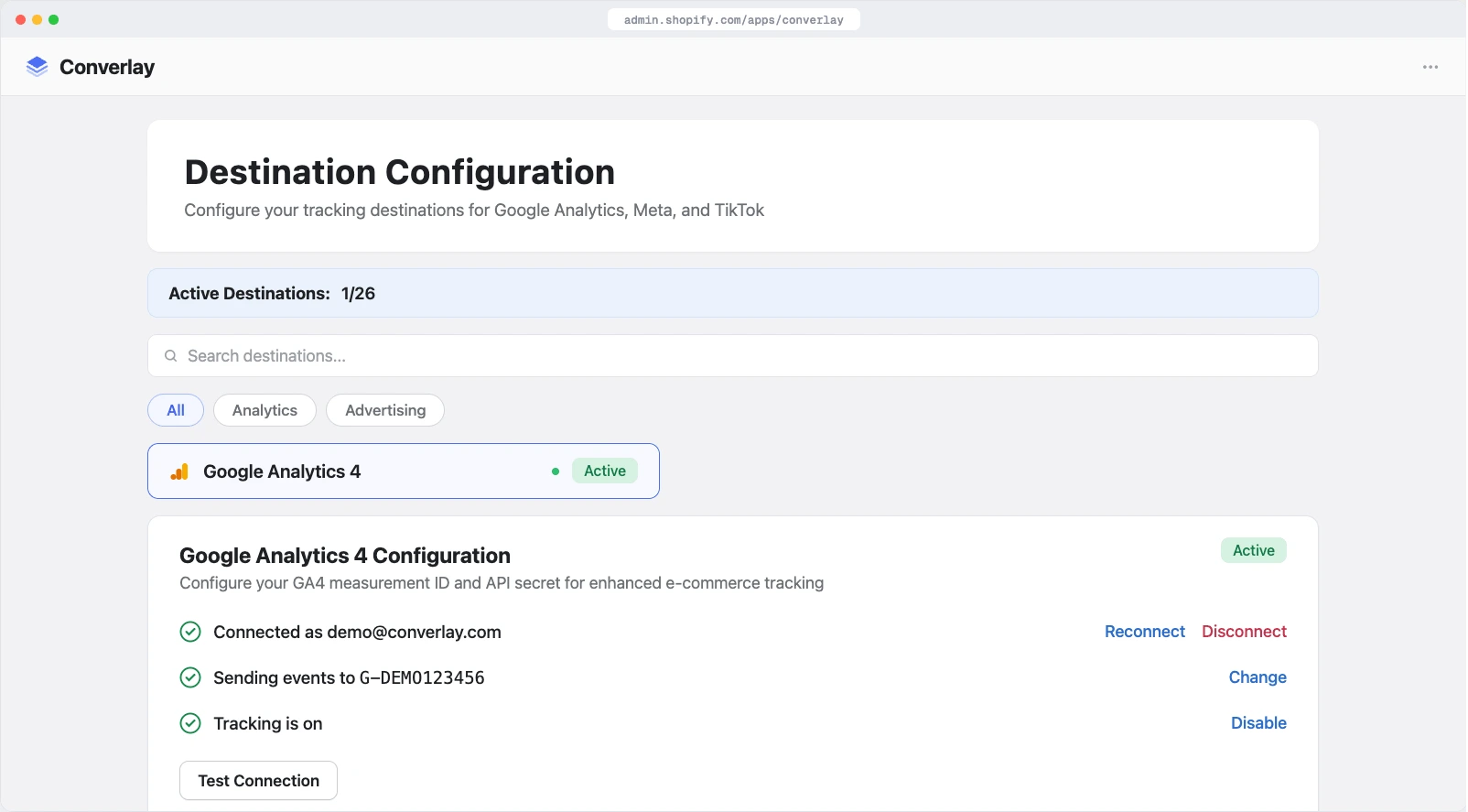 Sign in with Google and Converlay picks the property and creates the API secret automatically. Three green checks — tracking is on.